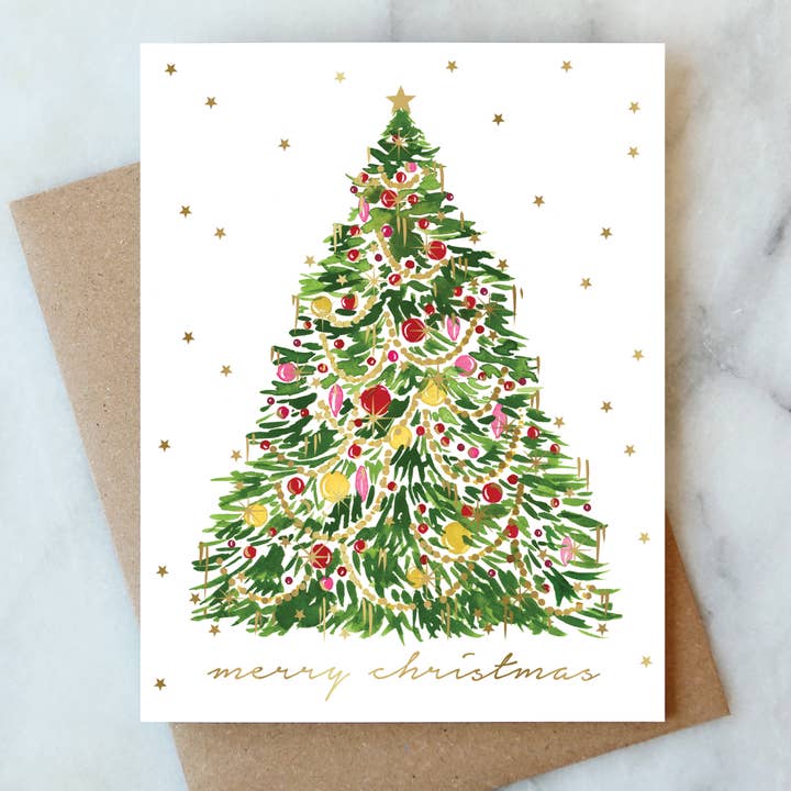 Christmas Card - Tinsel Christmas Tree Holiday Greeting Card - Box Set of 6