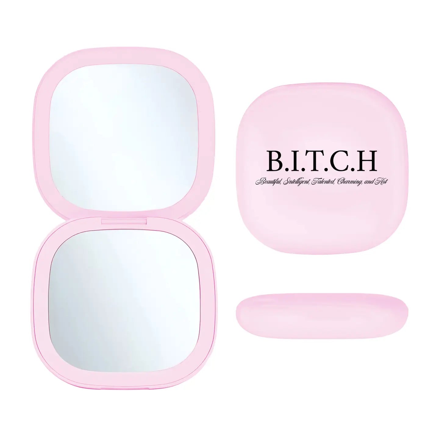 LED light-up makeup mirror with empowering B.I.T.C.H. (Beautiful, Intelligent, Talented, Charming, Hot) message for confidence and beauty routines