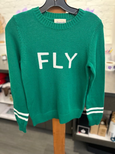 Women's sweater with "FLY" printed in bold letters, inspired by the Philadelphia Eagles. Cozy and stylish game-day apparel in Eagles green, perfect for football fans.