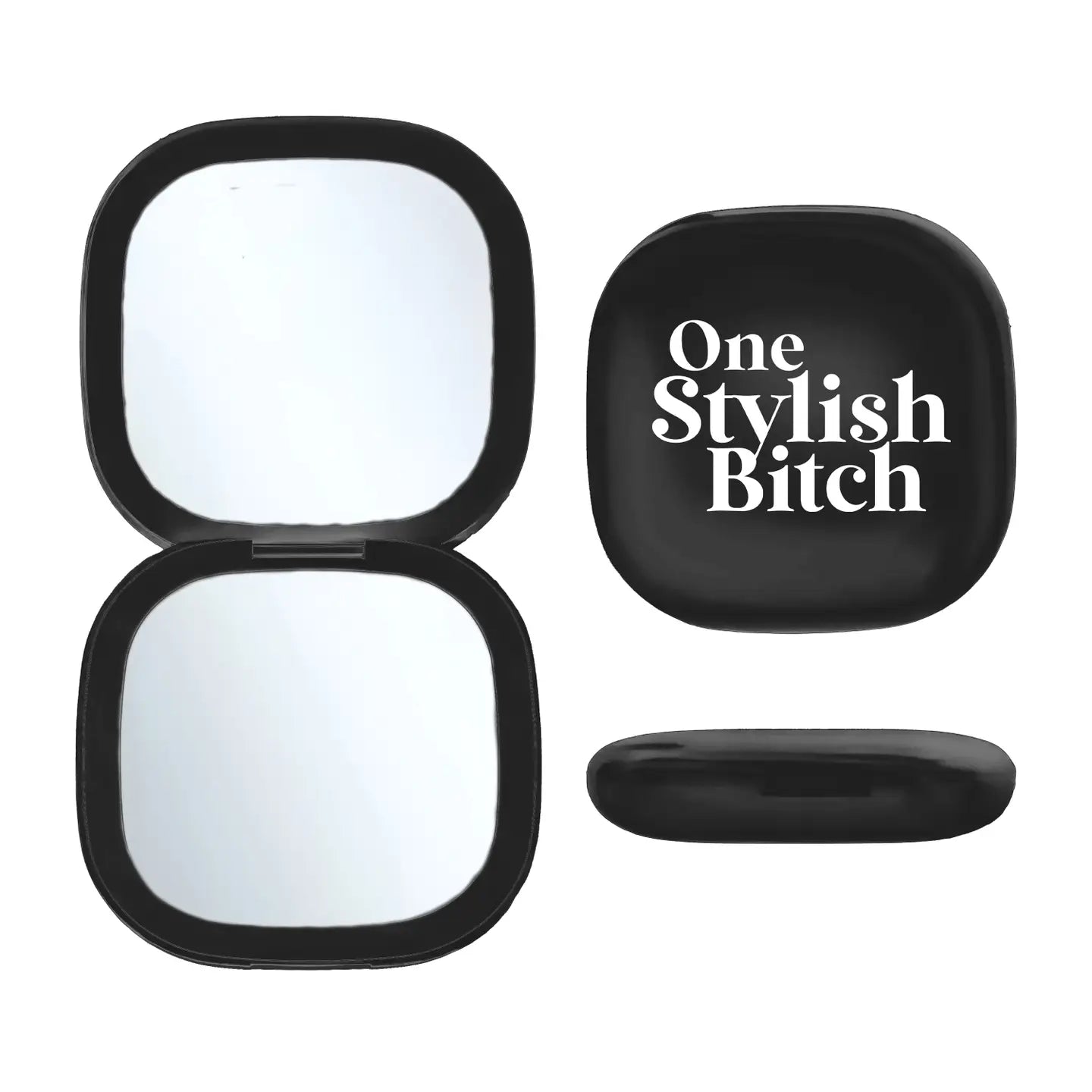 LED Compact Mirror with 'One Stylish Bitch' text, portable with USB rechargeable light and dual mirrors.