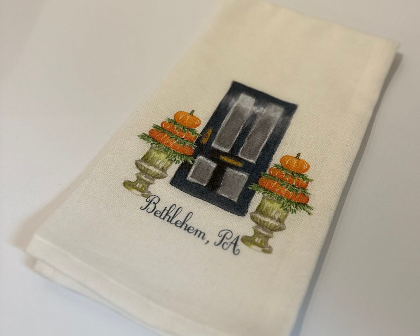 Bethlehem, PA Fall Tea Towel with pumpkins- cozy kitchen decor for fall