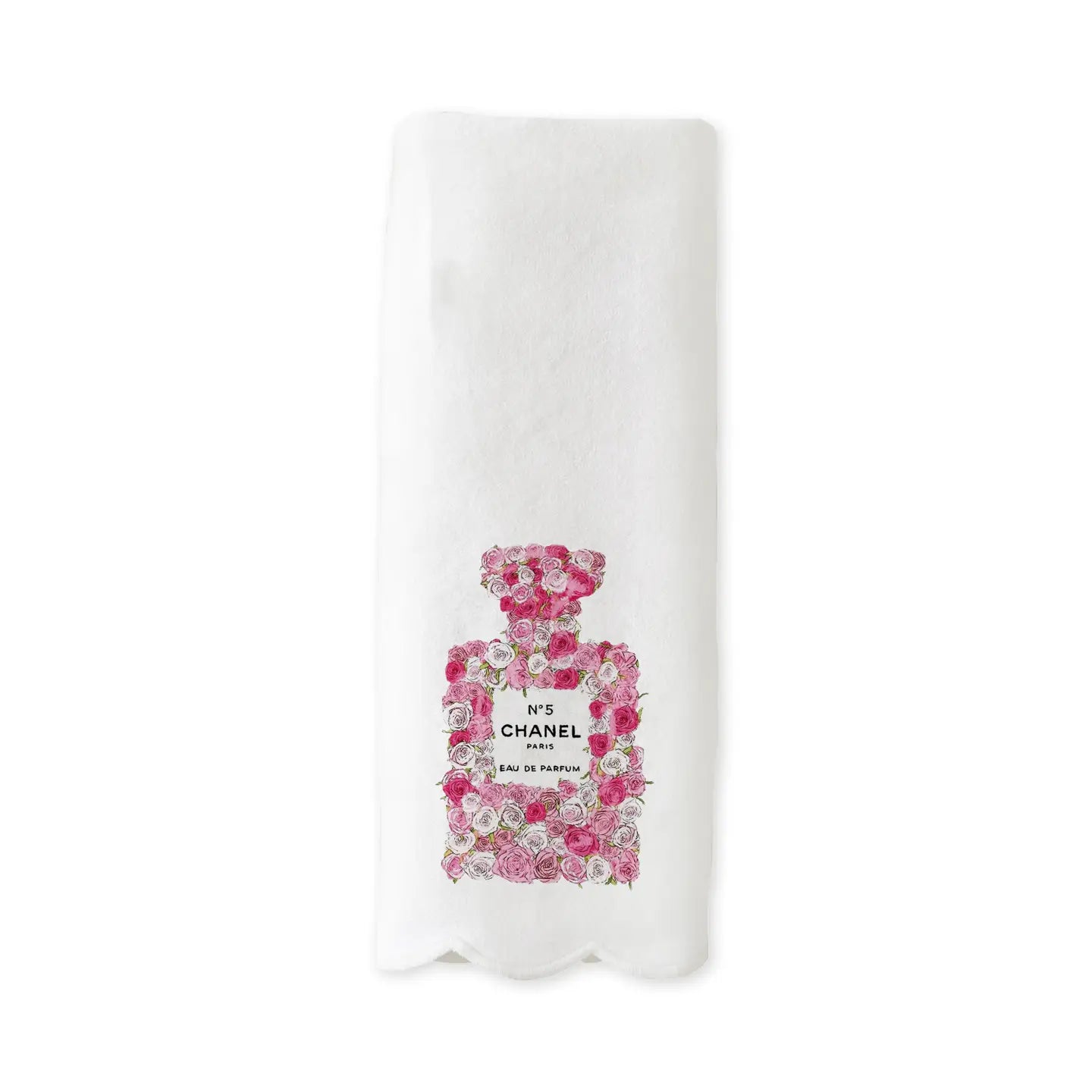 An elegant guest towel featuring a Chanel perfume-inspired design, with luxurious scalloped edges, perfect for adding a chic touch to any powder room or guest bathroom