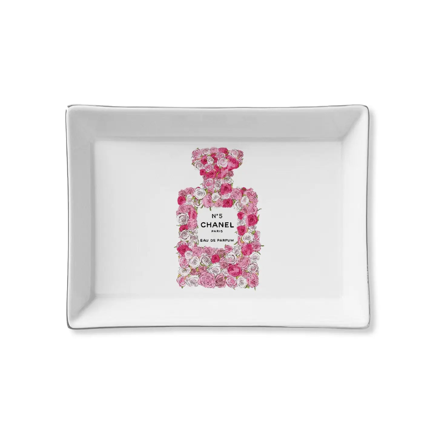 Elegant ceramic tray inspired by Chanel perfume, featuring a chic and timeless design perfect for adding a touch of luxury to your vanity or home decor