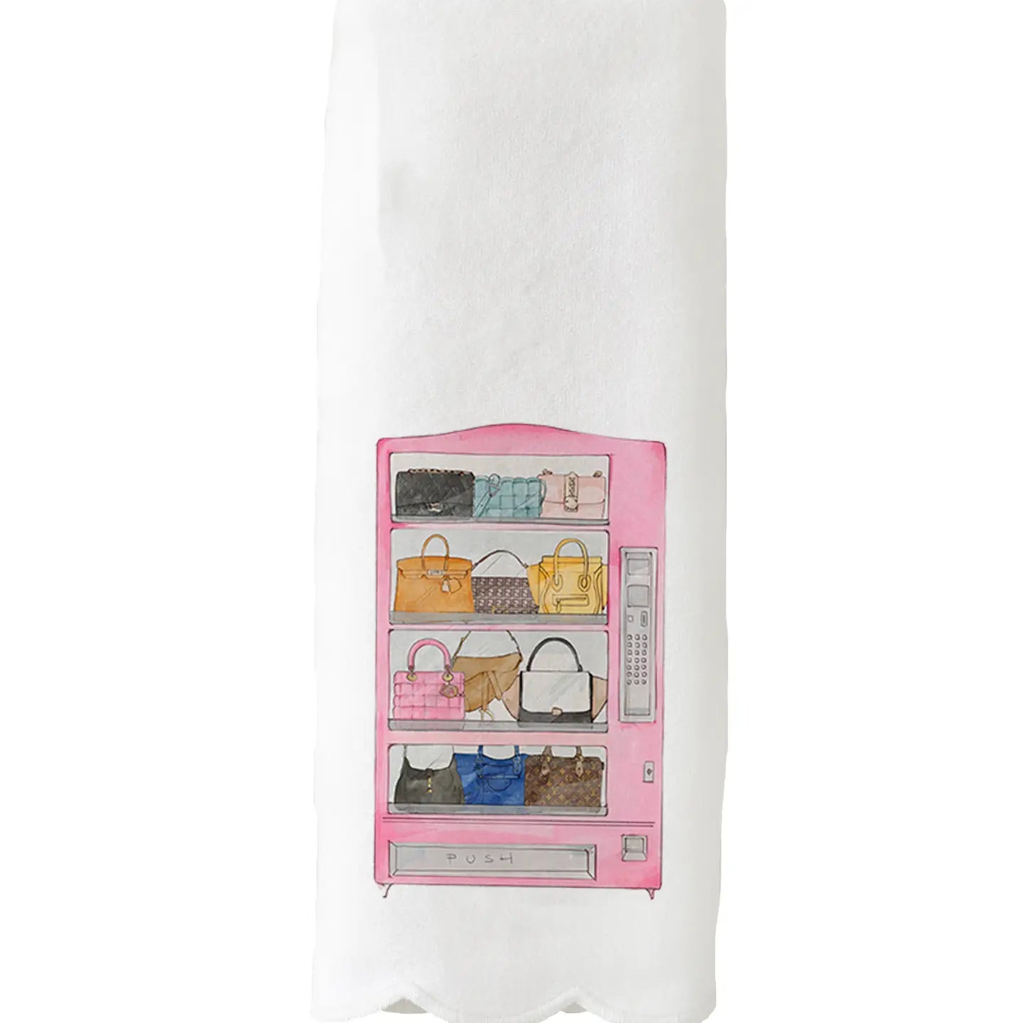 A fun and glamorous guest towel featuring a 'Designer Bag Vending Machine' design, adding a playful, high-fashion touch to your bathroom or powder room with scalloped edges