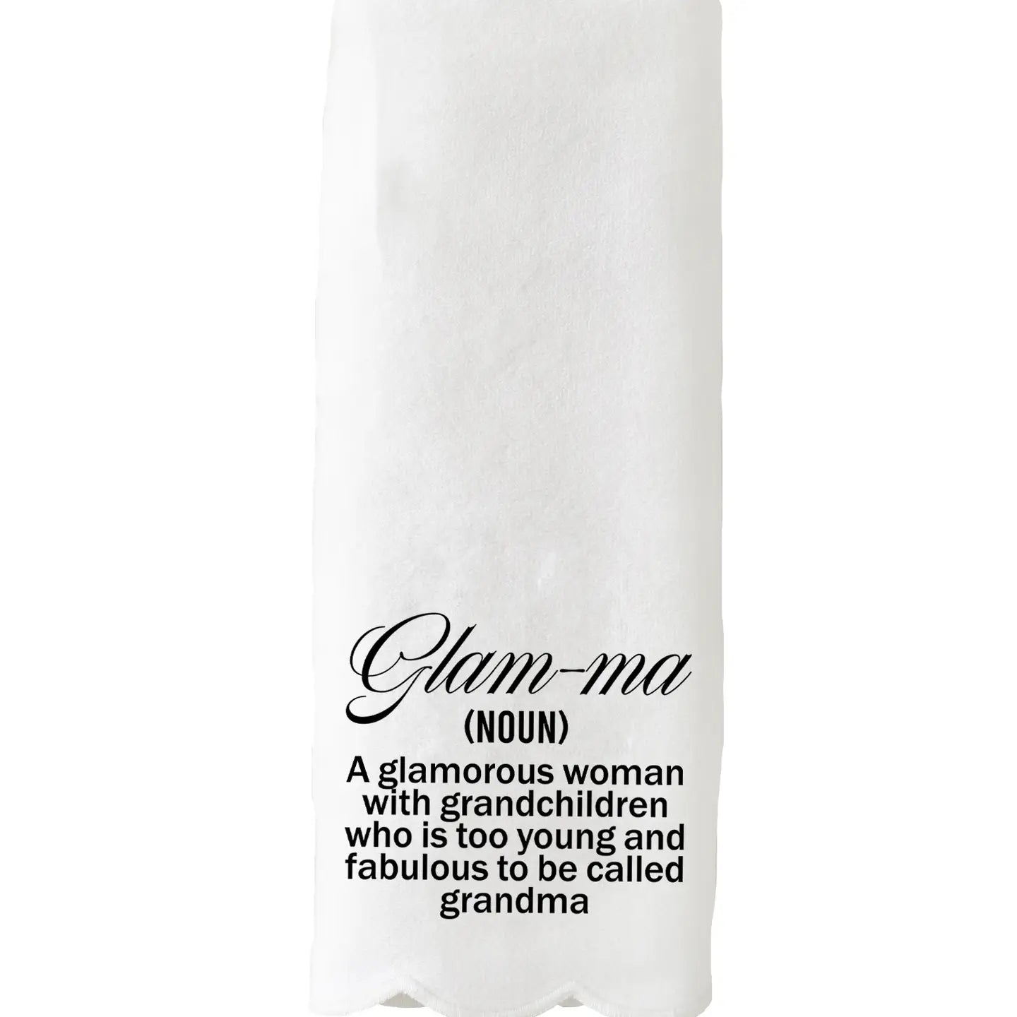 A stylish guest towel featuring the playful 'GLAMA' design, perfect for the chic and youthful woman who’s too fabulous to be called grandma, with elegant scalloped edges