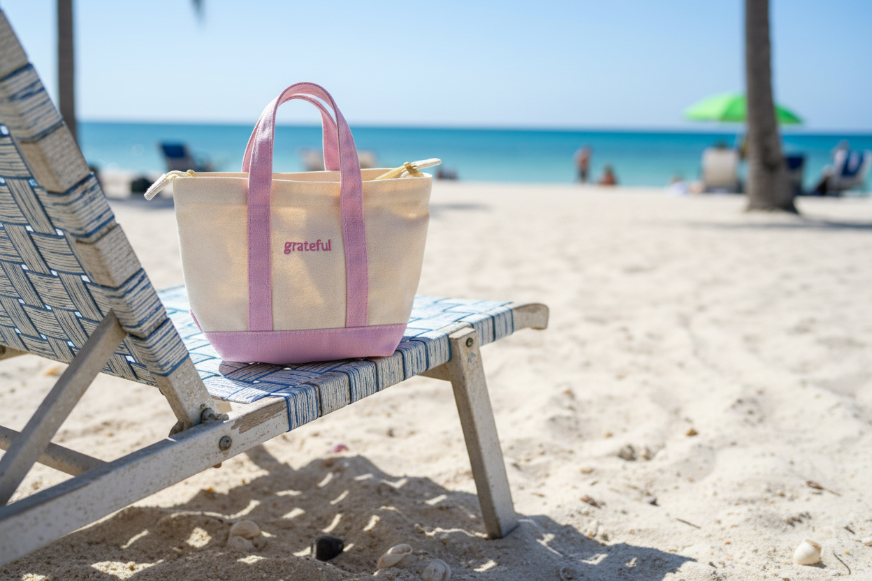 Grateful Mini Zip Tote on beach chair - realistic