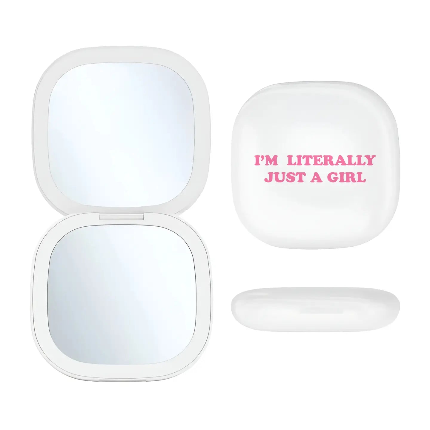 LED light-up mirror with 'I'm Literally Just a Girl' phrase, perfect for quick touch-ups and daily beauty routines.