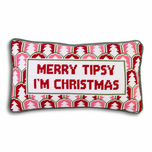 Merry Tipsy I'm Christmas Needlepoint Pillow-Festive Christmas Throw Pillow for Holiday Decor.