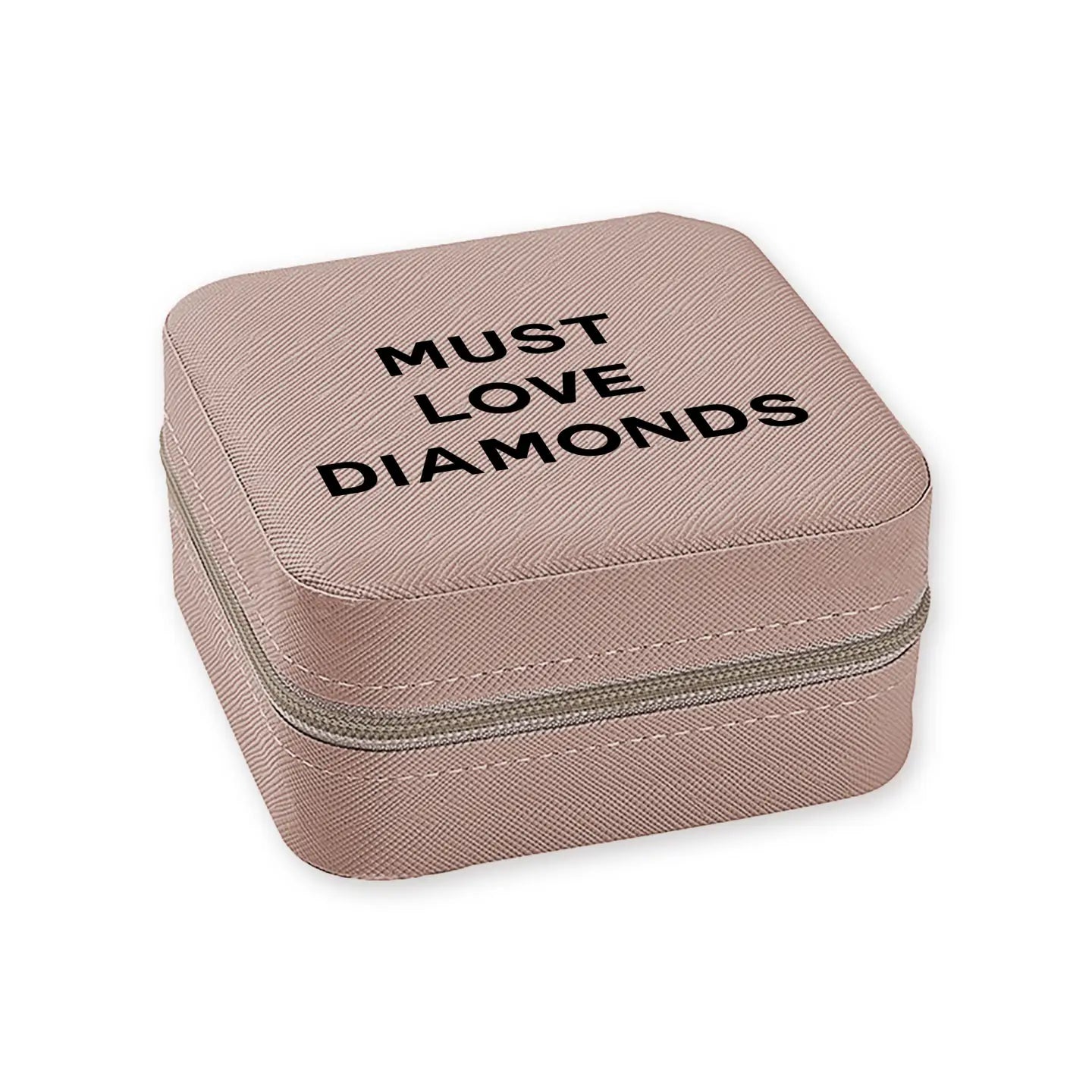 "A sleek and stylish travel jewelry box with a bold 'Must Love Diamonds' design, perfect for storing precious jewelry on the go."