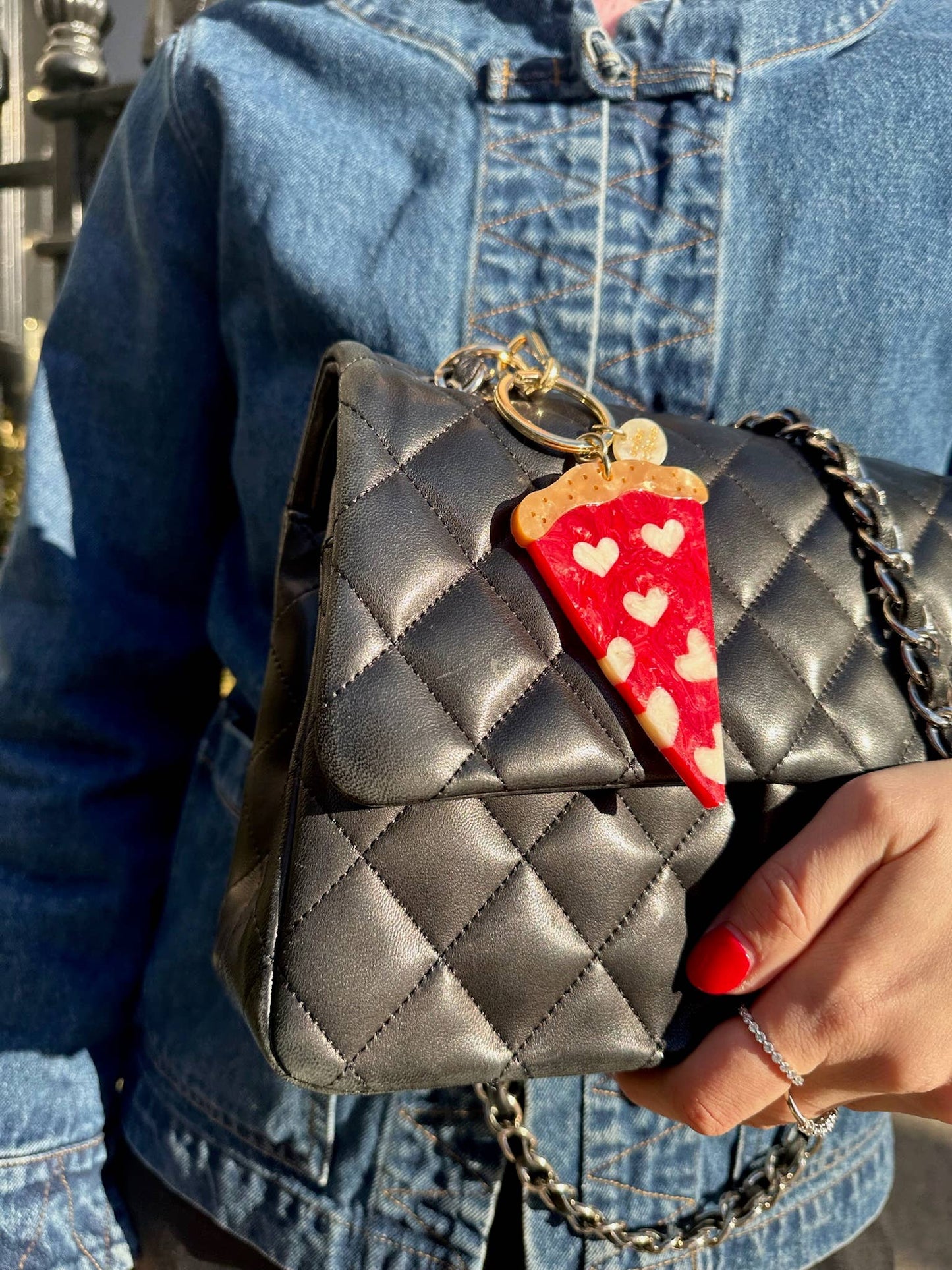 Hand-painted Pizza Slice Bag Charm + Keychain | Eco-Friendly