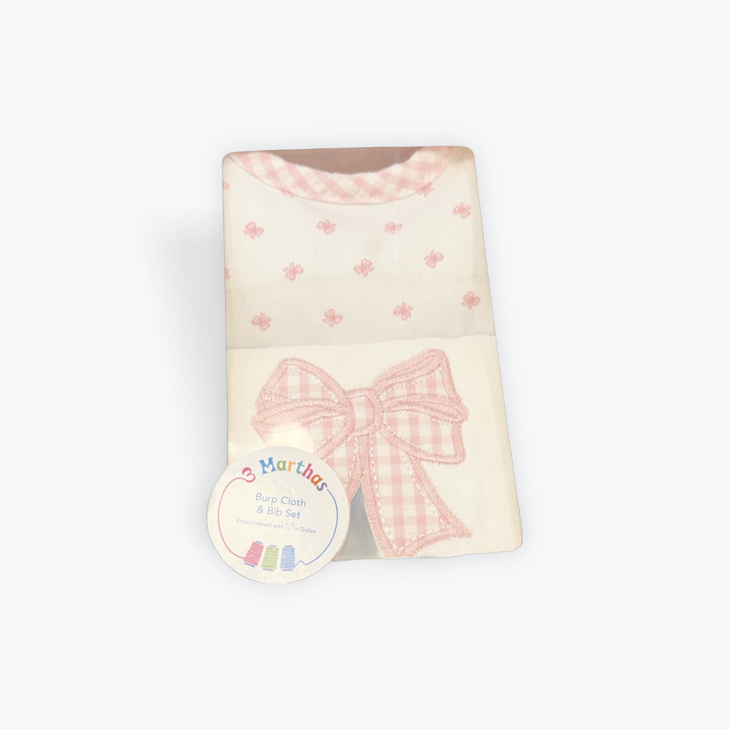 3 Marthas Pink Bow Box set Bib and Burp
