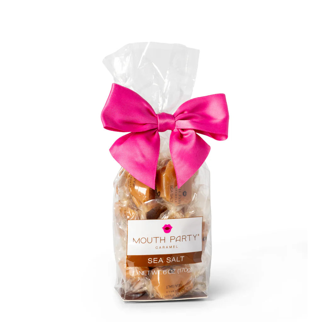 Mouth Party sea salt caramels gift bag with handcrafted, buttery caramels topped with premium sea salt, individually wrapped for a sweet and salty indulgence