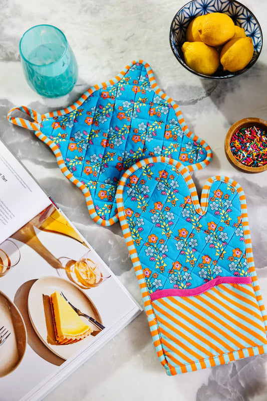 Blue Floral Oven Mitt & Pot Holder Set