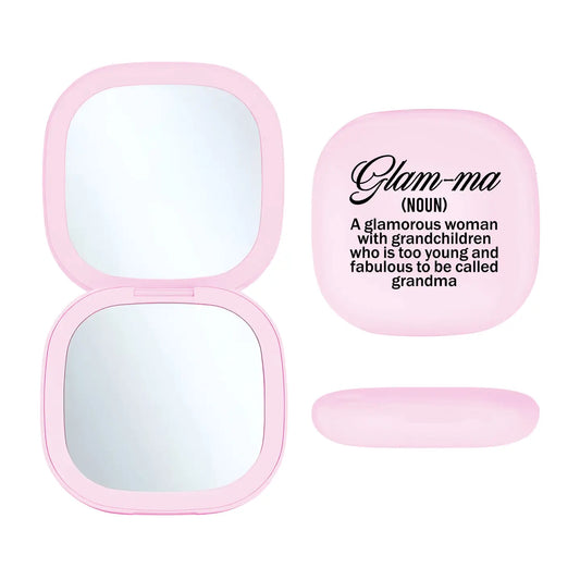 LED light-up makeup mirror with 'Glama' phrase, celebrating a fabulous and glamorous woman too young to be a grandma