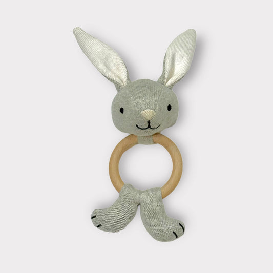 Bunny Teething Rattle - Organic Cotton & Natural Wood