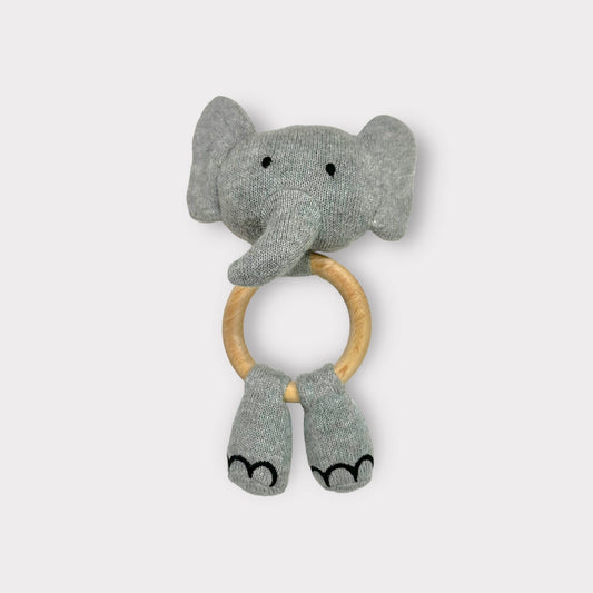 Elephant Teething Rattle - Organic Cotton & Natural Wood