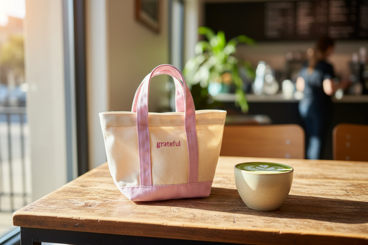 Grateful Mini Zip Tote at café with matcha - realistic