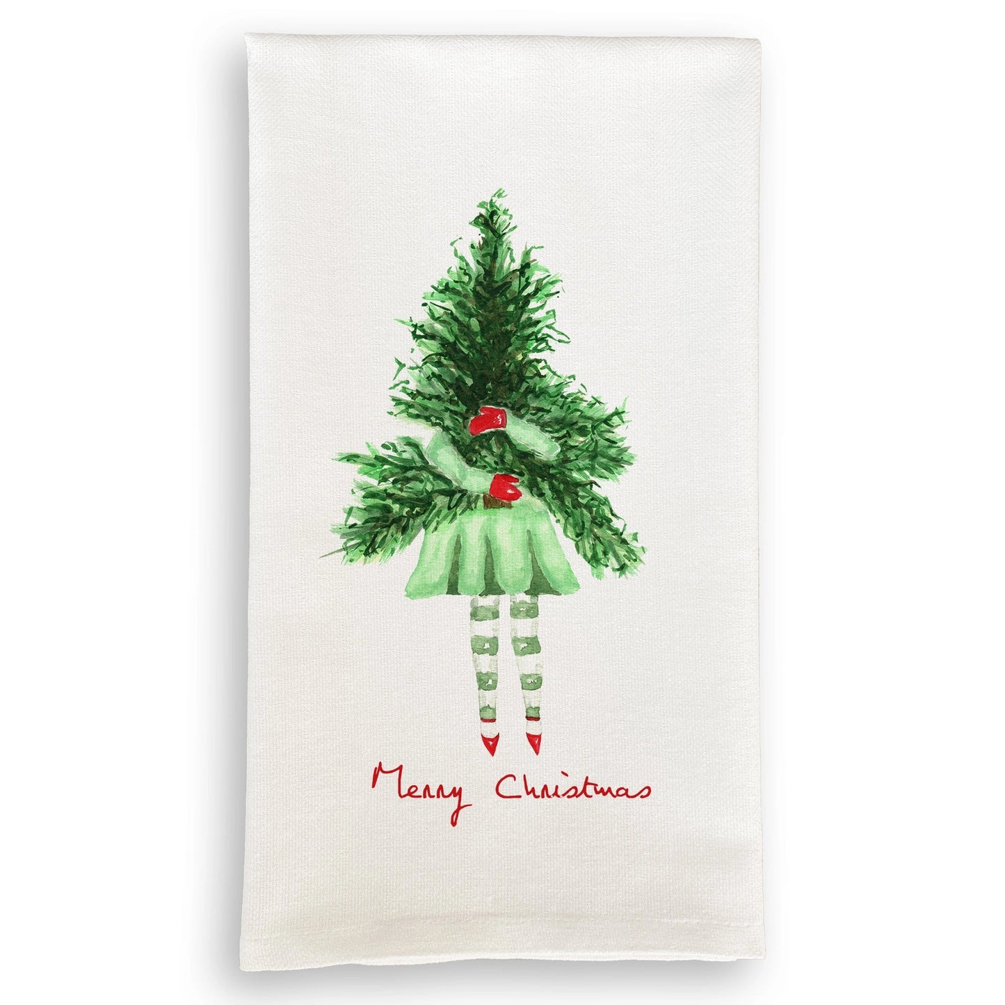 Lady with Christmas Tree Dishtowel -Festive Holiday Kitchen Towel