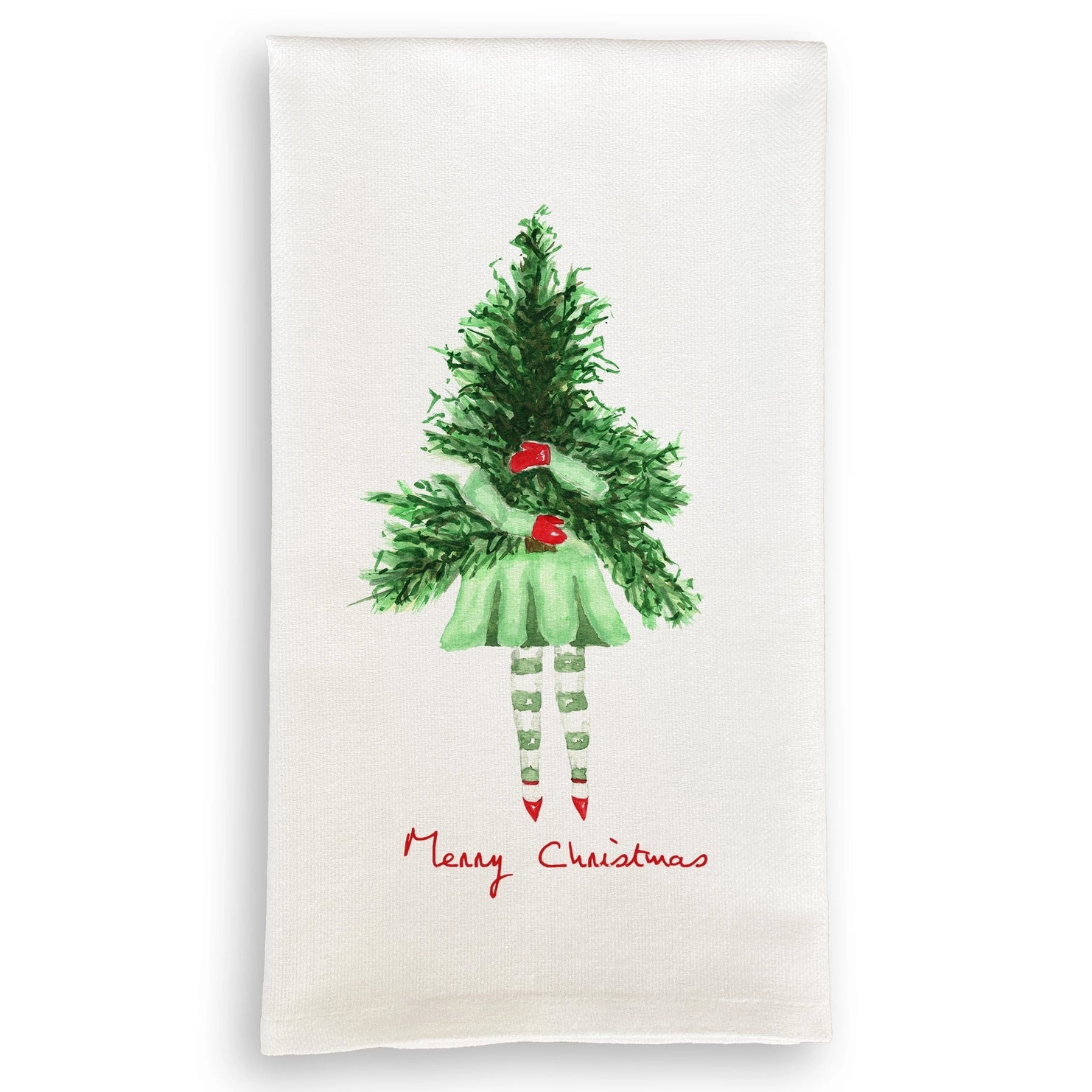 Lady with Christmas Tree Dishtowel -Festive Holiday Kitchen Towel