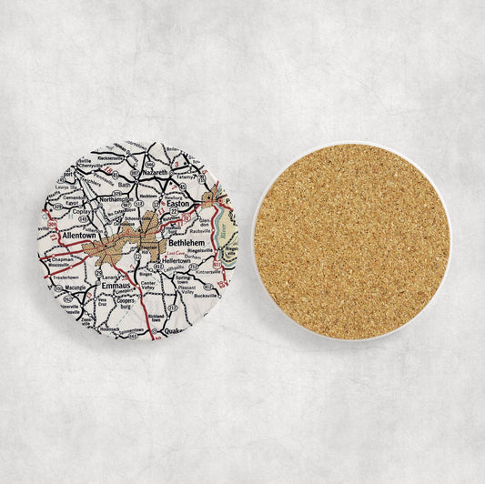 Bethlehem Pennsylvania Vintage Map Ceramic and Cork Coaster