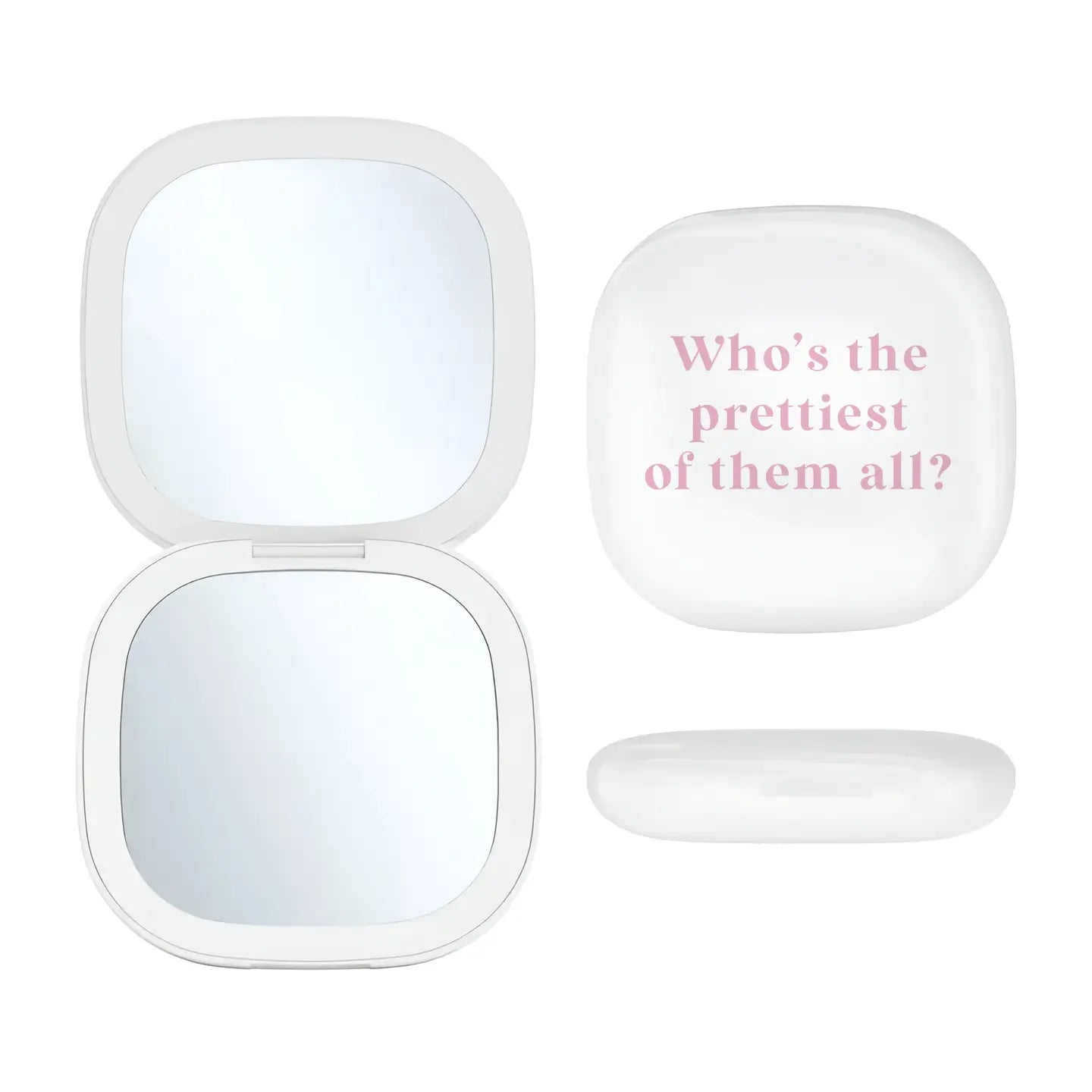 LED light-up compact mirror with 'Better Late Than Ugly' phrase, perfect for quick beauty touch-ups on the go