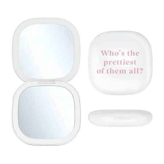 LED light-up compact mirror with 'Better Late Than Ugly' phrase, perfect for quick beauty touch-ups on the go
